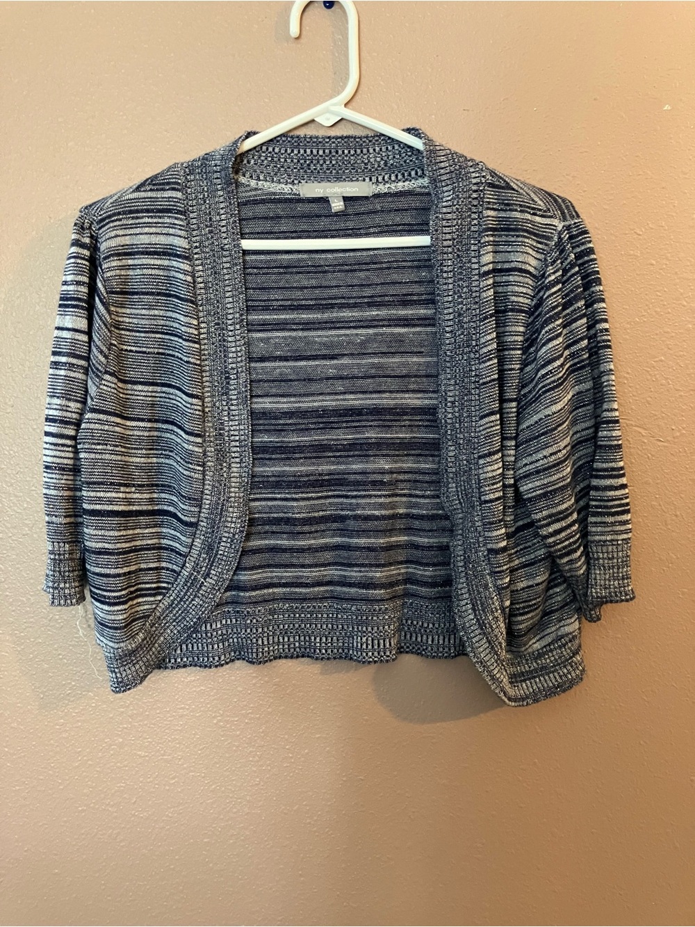 NY Collection Open-Front Striped Cropped Cardigan - Gray & blue